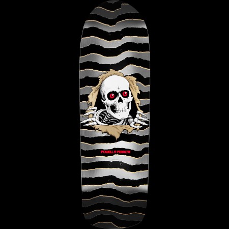 Powell Peralta Ripper Grey skateboard deck: Old-school shaped deck with wavy torn-paper stripes in black and silver. A white skull with red eyes and skeletal hands rips through the centre.