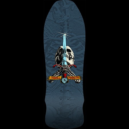 Powell Peralta Rodriguez Geegah Skull and Sword skateboard deck: Old-school shaped deck with a skull pierced by a glowing blue sword held by skeletal hands, under a gold banner with the brand name, over a faint tonal ribcage and skull pattern in blue-grey.
