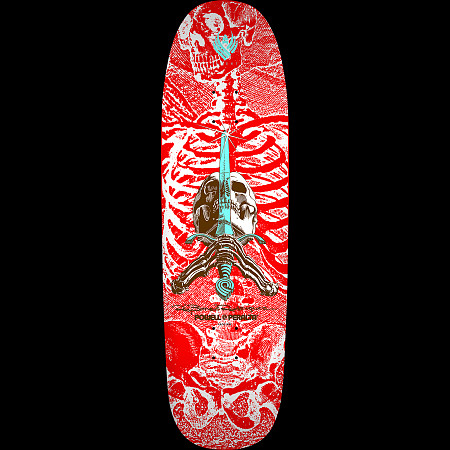 Powell Peralta Rodriguez Skull & Sword 5 FLIGHT Red/Wht skateboard deck: Skull with a turquoise sword and skeletal hands over a white rib cage and pelvis printed in a coarse engraved style, with a second skull at the top, all on red. Powell Peralta logo and signature beneath the central skull.