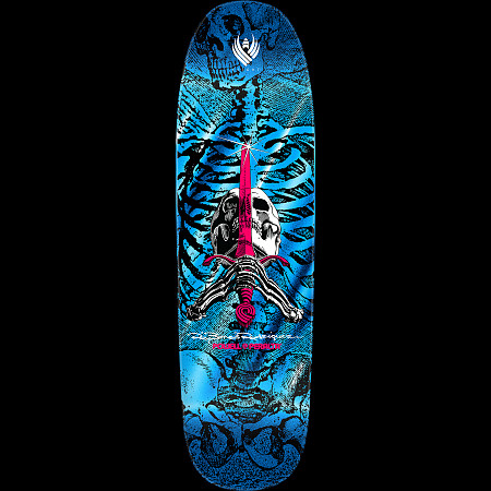 Powell Peralta Rodriguez Skull & Sword FLIGHT Blue Foil skateboard deck: Skull gripping a pink sword with skeletal hands, over a blue foil rib cage, spine and pelvis pattern. Flight logo at the nose and Ray Rodriguez signature above the Powell Peralta text.