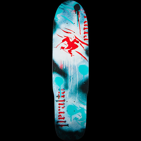 Powell Peralta Stacy Peralta Hipster 3 skateboard deck: Spray-paint stencil style graphic of a red skater figure on white and turquoise splatter with black patches and drips. Gothic lettering runs down the sides, on a cruiser-shaped deck.