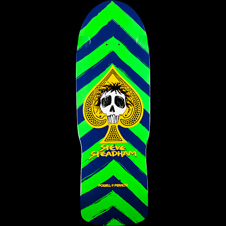 Powell Peralta Steadham Skull and Spade Green/Navy skateboard deck: Old-school shaped deck with green and navy chevron stripes. A yellow spade at the centre holds a skull with scruffy dark hair, with Steve Steadham in yellow script below and a small Powell Peralta logo.