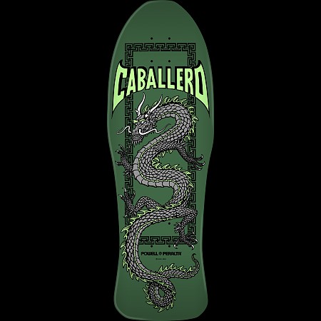 Powell Peralta Steve Caballero Chinese Dragon Green skateboard deck: A grey scaled Chinese dragon with green flame edges coils through a Greek-key border on a green old-school shaped deck. The rider's surname is set in pale green above it, with the brand logo at the bottom.