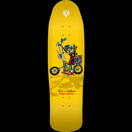 Powell Peralta Steve Caballero Chopper Bike Yellow FLIGHT - Shape 216 K21 skateboard deck: A skeleton in a helmet and striped top rides a chopper-style bike with tall handlebars and a loaded rear rack, raising one arm, on a yellow deck. Signature and Powell Peralta logo below.