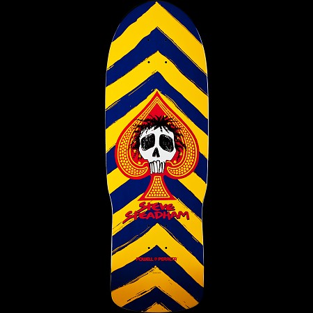 Powell Peralta Steve Steadham Skull and Spade Blue/Yellow skateboard deck: Old-school shaped deck with navy and yellow brush-stroke chevrons, a red and yellow ace of spades containing a white skull with dark hair, and the rider name in red script beneath.