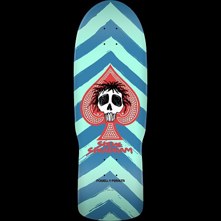 Powell Peralta Steve Steadham Skull and Spade Aqua/Blue skateboard deck: A white skull with scruffy black hair sits inside a red spade symbol on an old-school shaped deck. Bold brushed zig-zag chevrons in aqua and blue run behind it, with the rider's name beneath.
