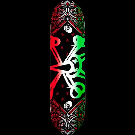 Powell Peralta Vato Rat Band Green skateboard deck: A Vato Rat skull and crossed-bones design in a red-to-green gradient, with the skull's eyes crossed out, on a black deck. It is bordered by a bandana-style paisley pattern with small skulls and Powell Peralta lettering around the edges.