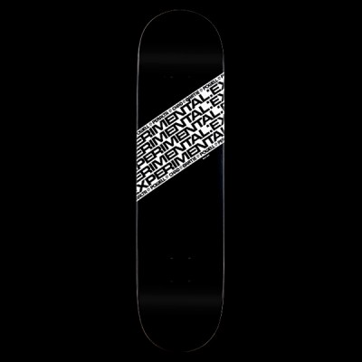 Powell Peralta Bartie Experimental - Black skateboard deck: Diagonal white band across a plain black deck, repeating the word Experimental in black type with small Powell Peralta and Chad Bartie lettering along the band. Typographic graphic only.