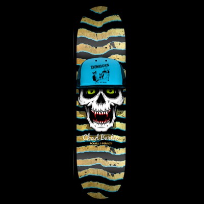 Powell Peralta Bartie Skull - Black/Gold skateboard deck: White skull with glowing green eyes and red fangs wearing a turquoise trucker cap marked Dingoes, over ripped zigzag stripes in tan and black edged with turquoise. Cursive Chad Bartie name and Powell Peralta text below.