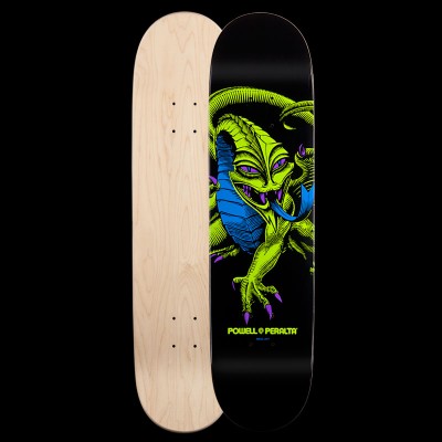Powell Peralta BL Caballero Dragon 114 - Blacklight skateboard deck: A lime green dragon with purple claws and eyes and a blue wing and tongue, printed on black, with the Powell Peralta name beneath. The reverse is plain natural maple.