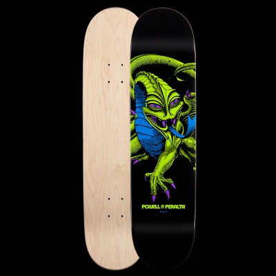 Powell Peralta BL Caballero Dragon 181 - Blacklight skateboard deck: A lime green dragon with purple claws and eyes and a blue wing and tongue, printed on black, with the Powell Peralta name beneath. The reverse is plain natural maple.