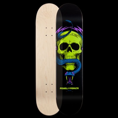 Powell Peralta BL McGill Skull & Snake 126 - Blacklight skateboard deck: A lime green skull with a blue snake coiled through its jaw, with purple lightning-style flames behind, on black. The Powell Peralta name sits beneath, and the reverse is plain natural maple.