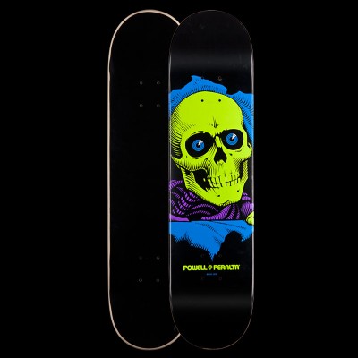 Powell Peralta BL Ripper 127 - Blacklight skateboard deck: A lime green skull with blue eyes tears through a blue backdrop, with a purple ribbed collar or cloth beneath, on black. The Powell Peralta name sits below. The reverse is plain black.