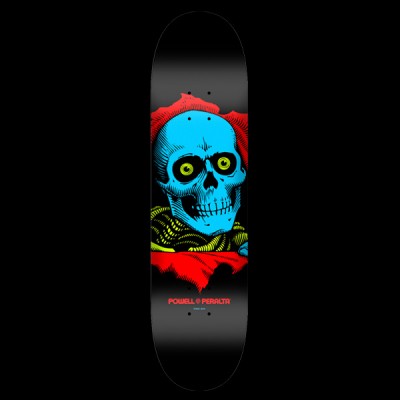 Powell Peralta BL Ripper - Black skateboard deck: Blue skull with yellow-green eyes tearing through a ripped red opening, with yellow-green ribs below, on a black deck. Red Powell Peralta text at the bottom.
