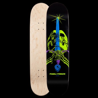 Powell Peralta BL Skull & Sword 112 - Blacklight skateboard deck: A lime green skull split by a blue sword with a glinting point, gripped by skeletal hands, with a purple guard and blue hilt, on black. The Powell Peralta name is beneath, and the reverse is plain natural maple.