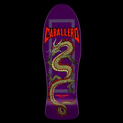 Powell Peralta Caballero Chinese Dragon - Purple skateboard deck: A long gold and red Chinese dragon coils down the deck within a Greek-key style border, under a large red 'Caballero' banner in a pointed, bat-wing lettering style.