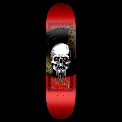 Powell Peralta Chin Skull - Red skateboard deck: White skull with brown eyes and a long drooping moustache-like beard, in front of a large woven straw hat, framed by Greek key borders on a red-stained deck. A name plate with bones sits below.