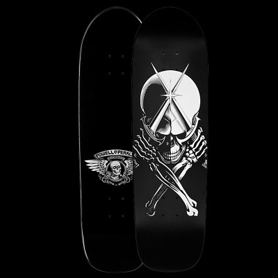 Powell Peralta Daggers - Black skateboard deck: A white skull with crossed skeletal arms and two daggers pointing up in front of a large white moon, in monochrome on black. The reverse shows a silver winged skull logo.