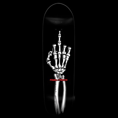 Powell Peralta Fingerboard - Black skateboard deck: White skeletal hand and forearm giving the middle finger, on a plain black deck, with red Powell Peralta text below the wrist.