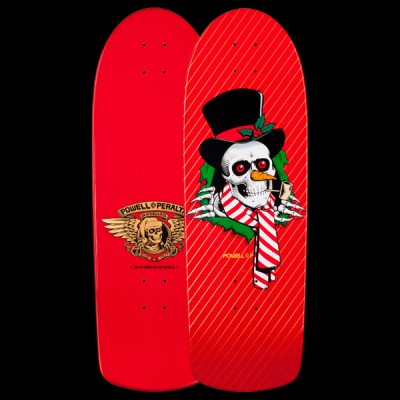 Powell Peralta Frosty Ripper - Ho Ho Red skateboard deck: Snowman-style skull in a black top hat with holly, orange carrot nose, pipe and red and white striped scarf, tearing through a green ripped hole on a red deck with fine diagonal pinstripes. Underside shows a winged skull logo. Both sides shown.