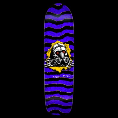 Powell Peralta Graffiti Ripper - 182 skateboard deck: A skull in a gas mask bursts through a yellow tear in the deck, with skeletal hands gripping the edges. Torn-paper stripes in purple and black run along the whole deck, with a handwritten Powell Peralta signature below.