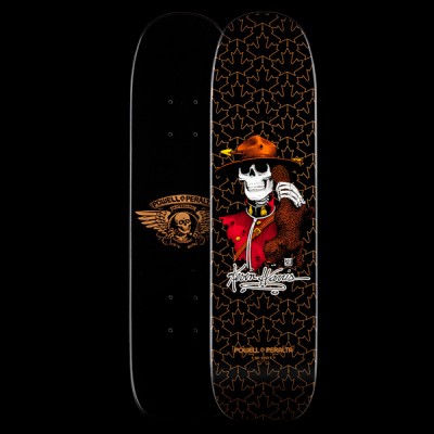 Powell Peralta Harris Mountie - Black/Gold skateboard deck: A skeleton in a Mountie hat and red tunic leans on a brown bear, set on a black deck with a gold maple leaf pattern. A signature sits below. The underside shows a gold winged skull logo.