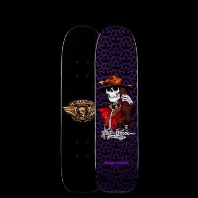 Powell Peralta Harris Mountie - Purple skateboard deck: A skeleton in a red mountie jacket and brown campaign hat leans on a brown bear, with a signature below, over a purple maple-leaf outline pattern on black. The reverse shows a gold winged skull logo.