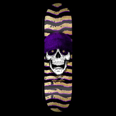 Powell Peralta Hoffart Beanie - Black/Gold skateboard deck: White skull with amber eyes wearing a purple knitted beanie, over ripped zigzag stripes in gold and black edged with purple. Cursive Jordan Hoffart name and Powell Peralta text below.