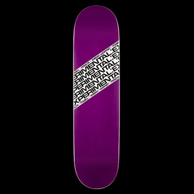Powell Peralta Hoffart Experimantal - Purple skateboard deck: Diagonal white band across a plain purple deck, repeating the word Experimental in black type, with Powell Peralta and Hoffart in small repeated lettering along the band. Typographic graphic only.