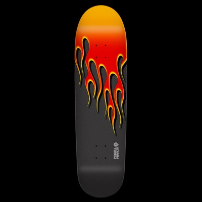Powell Peralta Hot Rod Flames 14 - Black/Orange skateboard deck: Classic hot-rod flames in red, orange and yellow lick down a black deck, with a yellow-orange gradient at the nose. A small Powell Peralta logo sits near the tail.