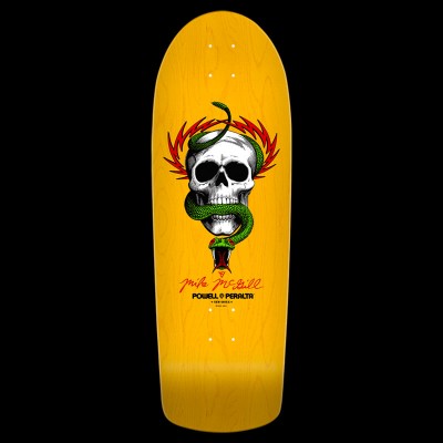 Powell Peralta McGill Skull & Snake - Yellow skateboard deck: A white skull with a green snake coiled through its jaw and around its top, set in front of red lightning-style flames. The rider's red signature and Powell Peralta logo are beneath.