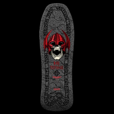 Powell Peralta Nordic Skull - Limited Edition skateboard deck: Screaming skull in a horned red Viking helmet on a speckled grey ground, framed by runic borders with a serpent at the bottom and a cross motif beside red runic name text.