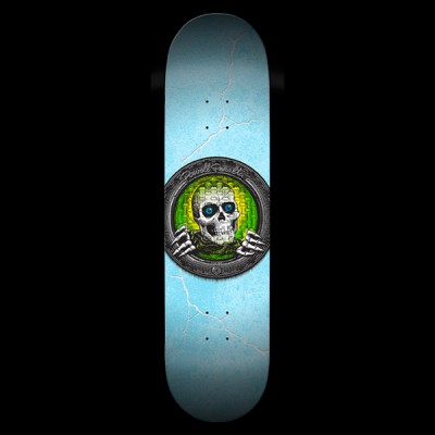 Powell Peralta Pool Light Ripper Green - Green skateboard deck: Round metal-rimmed medallion at centre showing a skull with blue eyes and skeletal hands against a green and yellow brick pattern, on a light blue ground with white crack or lightning lines.