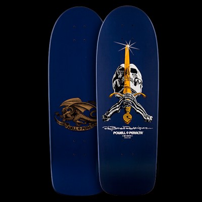 Powell Peralta Ray Rodriguez - Navy skateboard deck: Skull with a golden sword driven down through it, gripped by skeletal hands below, with a sparkle at the sword tip. Printed on navy with a white signature and Powell Peralta text; the underside shows a gold dragon. Both sides shown.