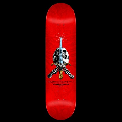 Powell Peralta Rodriguez Skull & Sword - Red skateboard deck: A skull with a sword thrust through it and crossed skeletal arms, with a sparkle at the blade tip, on a red deck with a subtle patterned texture. A signature and Powell Peralta logo sit below.