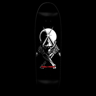 Powell Peralta Skull & Dagger - Black skateboard deck: Monochrome skull with crossed skeletal arms and a pair of crossed daggers rising from its brow with a starburst, against a white circle on a black deck. Red Powell Peralta text below.