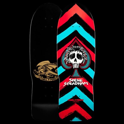 Powell Peralta Steadham Spade - Red/Aqua skateboard deck: A white skull with wild dreadlock hair sits inside a spade with a dotted aqua pattern, over bold brushed chevrons in red, aqua and black. The reverse shows a gold Powell Peralta dragon.