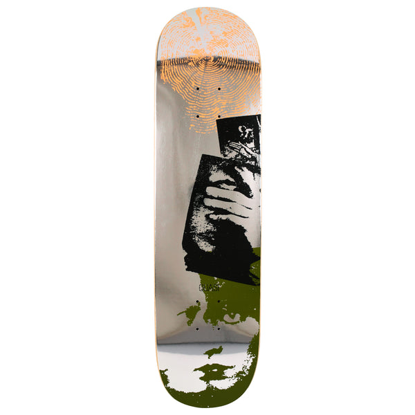 Quasi 2fa skateboard deck: Chrome-silver deck with an orange fingerprint at the top, a black halftone image of a hand holding up a photograph in the middle, and a green halftone face at the bottom. Small Quasi text beside it.