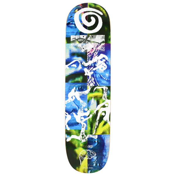 Quasi Big Brain skateboard deck: Glitchy collage of blue and green video-style close-ups of faces in a tiled grid, overlaid with a large white spiral at the nose and white scribbled hand-drawn figures. A small head outline with brain at the tail.