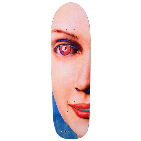Quasi Big Sister skateboard deck: Close-up crop of half a woman's face with a glowing red eye, blue eyeliner, red lips and a blue nose stud, in a heavily processed photographic style. Blue shapes fill the lower left of the deck.