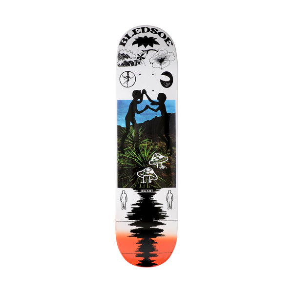Quasi Bledsoe Dreamcatcher skateboard deck: A white deck with a colour photo panel of two silhouetted figures high-fiving among desert plants. Black line icons of flowers, waves and mushrooms sit round it, with a black ink-blot reflection fading into orange.