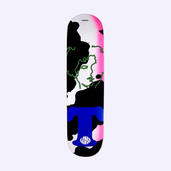 Quasi Bledsoe Jane skateboard deck: Abstract black and white cow-print blotches with a pink airbrushed glow on the right, a neon-green line portrait of a curly-haired face, and a blue T-shaped form at the tail with a small round logo.