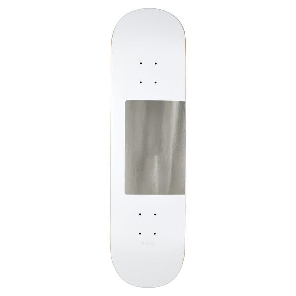 Quasi Proto skateboard deck: Plain white deck with a single rectangular silver foil panel across the middle section and a tiny grey logo near the tail.