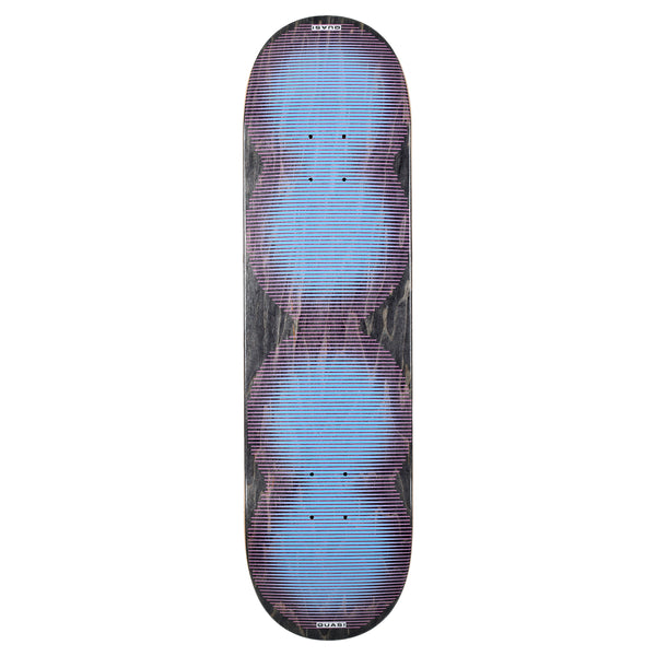 Quasi Bubble skateboard deck: Two pairs of blurred pale-blue circles stacked down the board, overlaid with fine horizontal pinstripes over a dark stained wood base. The word QUASI is printed small at each end.