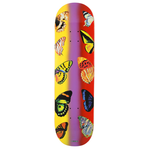 Quasi Butterfly skateboard deck: Ten painted butterfly wings arranged in two columns on a gradient of yellow, purple and red bands. The small Quasi logo sits at the bottom.