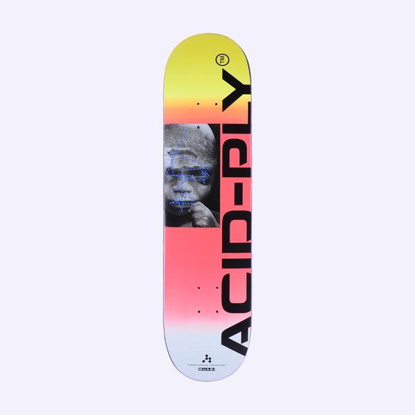 Quasi Chembaby Red skateboard deck: Vertical black 'ACID-PLY' lettering with TM mark along a yellow to red to pale blue gradient, with a grainy black and white photo of a face overlaid with blue stitched-looking lines. Quasi logo at the foot.