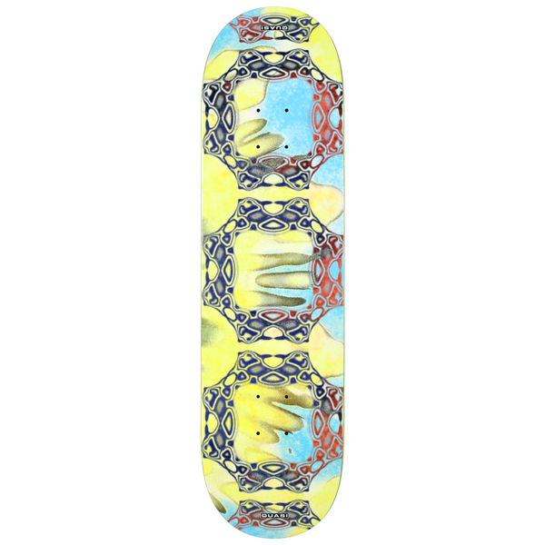 Quasi Colorblind skateboard deck: Repeating ornate octagonal frames in navy and red lattice linework, set over soft watercolour washes of pale yellow and light blue, with small Quasi logos at the nose and tail.