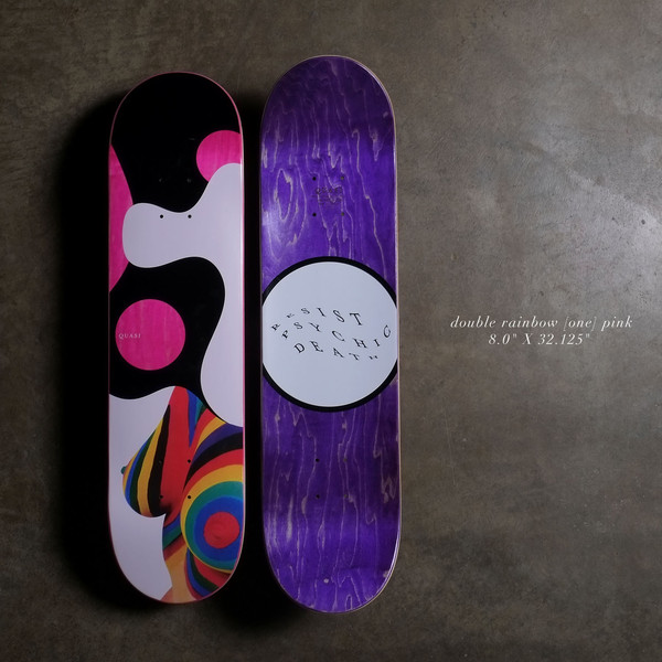 Quasi Double Rainbow 8 - Pink skateboard deck: Abstract deck in black, white and hot pink with organic curving shapes and pink dots, above a rainbow-striped curvy form at the tail. The underside is purple with a white circle and curved text.