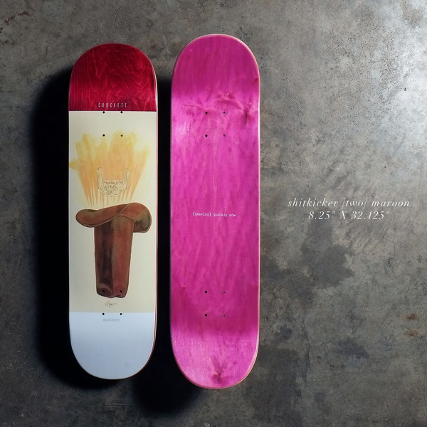 Quasi Shitkicker - Maroon skateboard deck: Painted brown cowboy boot topped with an orange flaming burst and a faint sketched skull, on a cream deck with a maroon stained nose and white tail. The pink-purple underside is shown beside it.