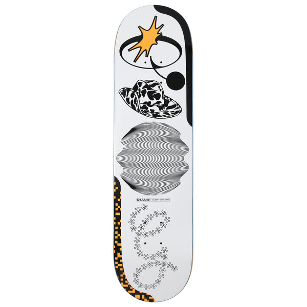 Quasi Crockett Bellyachin skateboard deck: A collage of separate motifs on a white deck: an orange starburst in a black ring, a cow-print cowboy hat, a wavy line optical illusion sphere, a pixel-block strip and a flower-outline cluster, with a Quasi label.